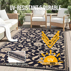 OLANLY Waterproof Outdoor Rug 6x9 ft, Outdoor Plastic Straw Rug with Flower Pattern, Reversible RV Mat for Patio, Camping, Balcony, Deck, Backyard, Black & Beige