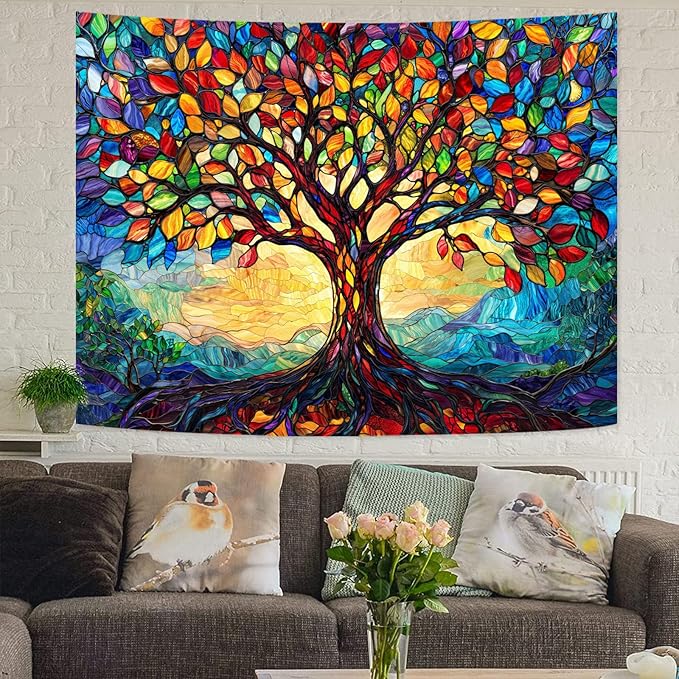 Lunerfex Tree of Life Tapestry Stained Glass Tapestry Wall Decor Tapestries for Bedroom Art Tapestries Wall Hanging for Bedroom Living Room Glass-Tree-01 70"x90"