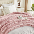 Carriediosa Chunky Knit Throw Blanket 50" X 60", 100% Hand Made Large Chenille Loop Yarn Soft Fluffy Throws for Couch Sofa Bed, Big Crochet Cozy Heavy Thick Cable Woven Blankets, Dusty Pink
