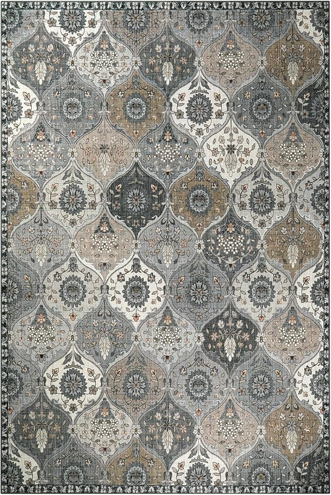 Lahome Moroccan Washable Area Rug 6x9, Ultra-Thin Large Living Room Rugs for Bedroom, Oriental Trellis Distressed Non Shedding Throw Carpet for Dining Room Office, Grey