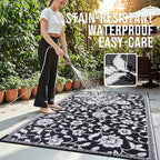 OLANLY Waterproof Outdoor Rug 8x10 ft, Outdoor Plastic Straw Rug with Flower Pattern, Reversible RV Mat for Patio, Camping, Balcony, Deck, Backyard, Black & White