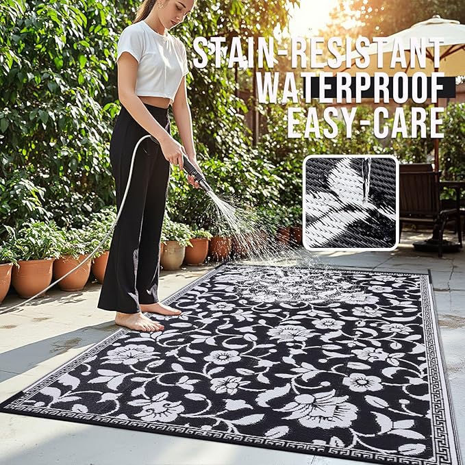 OLANLY Waterproof Outdoor Rug 9x12 ft, Outdoor Plastic Straw Rug with Flower Pattern, Reversible RV Mat for Patio, Camping, Balcony, Deck, Backyard, Black & White