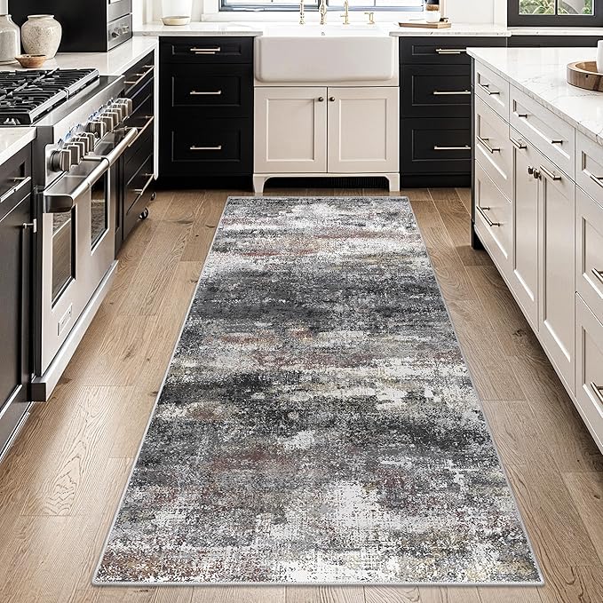 Runner Rug for Hallway Kitchen 2x6 Machine Washable Runners Rug for Entryway, Dark Gray Soft Modern Abstract Throw Rugs, Floor Carpet with Non Slip Rubber Backing