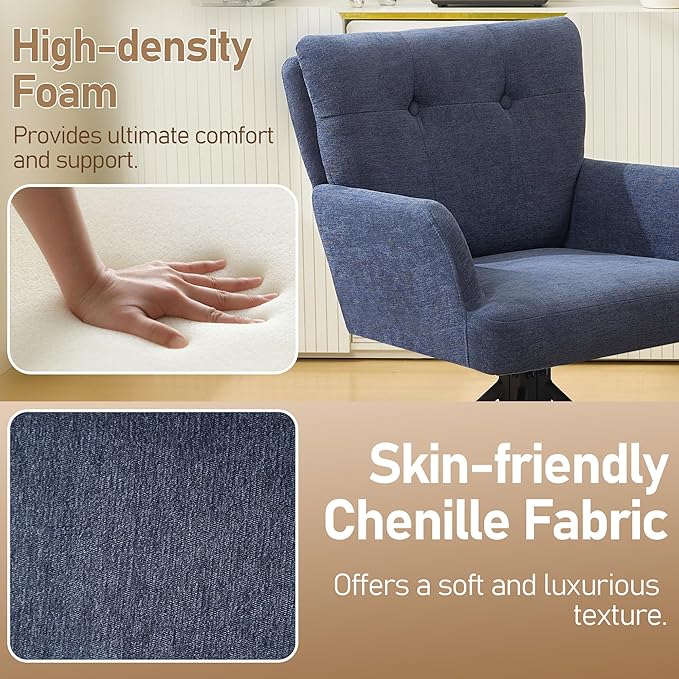 Fabric Dining Chair Set of 2 Modern Upholstered Swivel Dining Room Chairs Comfy Accent Armchair with Mid Back, Desk Arm Chair No Wheels for Kitchen/Living Room/Dining Room, Navy