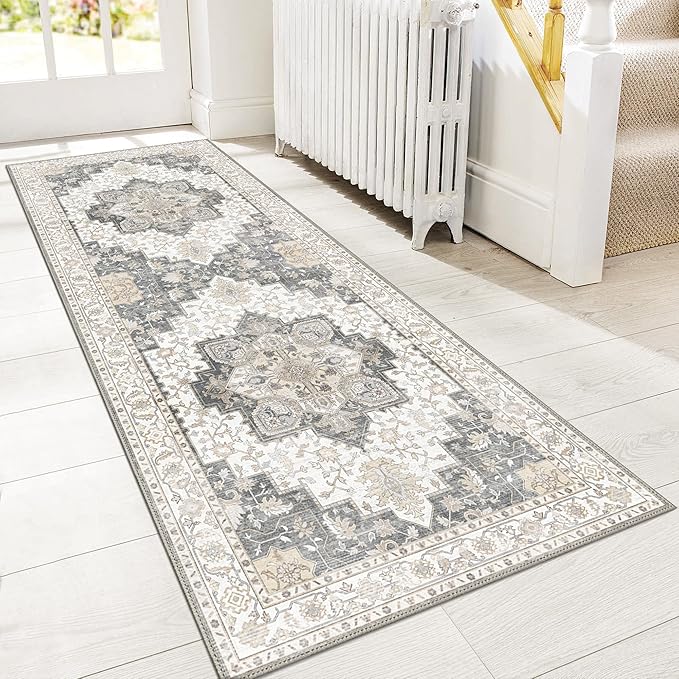 GENIMO 2x12 Runner Rugs for Hallway, Machine Washable Non Slip Vintage Rugs, Low Pile Lightweight Soft Print Rug for enrtyway, Corridor, Home Office, Kitchen, Heathered Grey