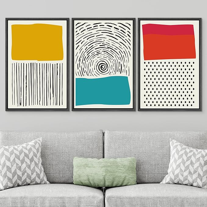 SIGNWIN Canvas Print Wall Art Line Art with Yellow and Red Squares Geometric Line Illustrations Modern Art Mid-Century Modern Warm for Living Room, Bedroom, Office - 24"x36"x3 Black