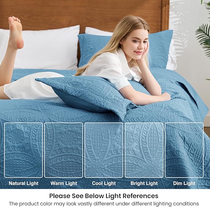 Love's cabin California King Size Quilt Bedding Set Misty Blue Bedspreads - Cal King Lightweight Bedspread Comforter - Coin Pattern Coverlet for All Season - 3 Pieces (1 Quilt, 2 Pillow Shams)