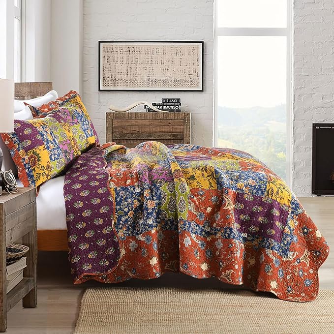 Secgo Queen Comforter Set for Bed - 100% Cotton Quilts Queen Size, Black Bedspreads (90 * 98 Inch) with 2 Pillow Shams, Patchwork Reversible Lightweight Bedding