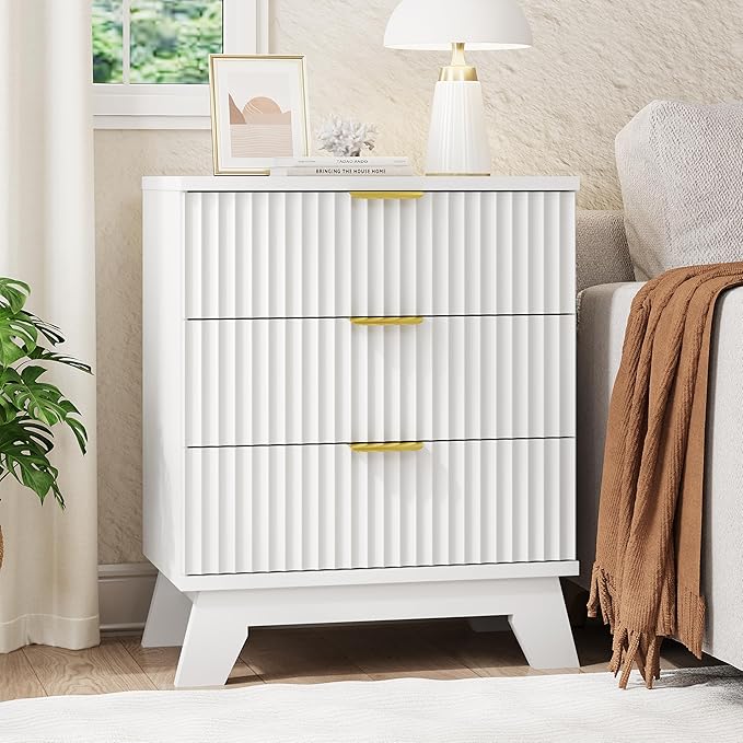 Fluted Nightstand, 24" Wide Side Table with 3 Large Storage Drawers, Mid Century Modern Wood Night Stand with Metal Handle, Wooden Bedside End Table for Bedroom, Living Room, Closet, White