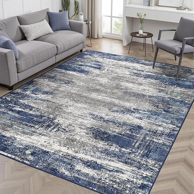 Area Rugs 5x7 for Living Room Bedroom, Modern Abstract Machine Washable Rug, Large Soft Low Pile Floor Cover with Non Slip Backing for Dining Room, Navy Blue Gray