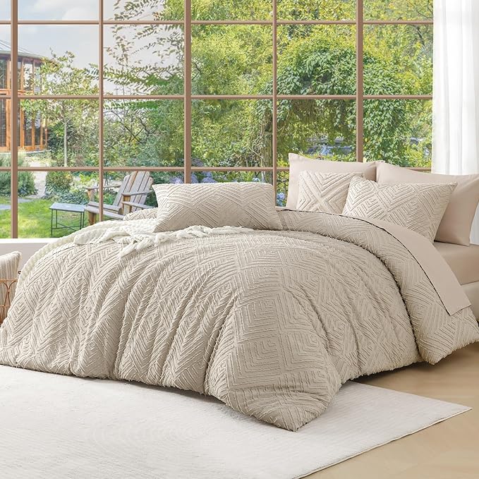 Andency Oversized King Comforter 128''x120'', 3 Pieces Oatmeal Boho Bedding Set & Collections, All Season Soft Farmhouse Tufted Fluffy Bed Set (1 Comforter, 2 Pillowcases)
