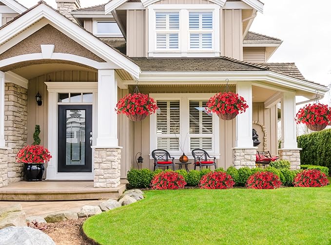 Ivydale Artificial Faux Hanging Flowers Plants Baskets for Outdoors Outside Spring Decoration, Fake Silk Red Morning Glory UV Resistant Look Real for Front Door Porch Patio Balcony Yard Garden Home