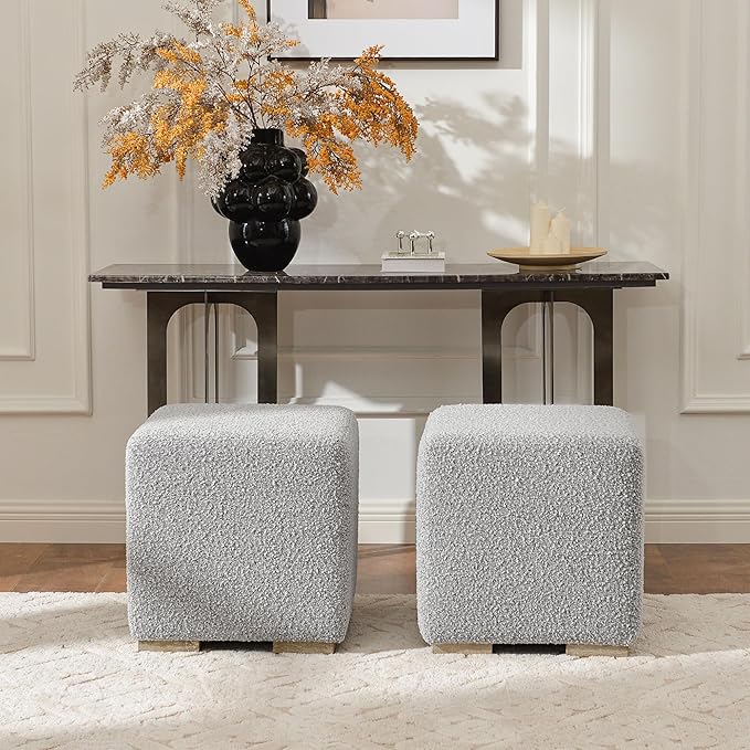 KINWELL 18.5" Wide Modern Square Boucle Upholstered Ottoman with Solid Wood Legs Set of 2, Cube Ottoman Multi-Functional Sofa Footrest for Living Room, Bedroom, Fully Assembled (Black and White)