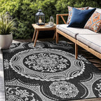 Medallion Outdoor Rug 9x12 Washable Outside Carpet for Indoor Patio Porch Waterproof Easy Cleaning Non Shedding Area Rugs Black 9 x 12