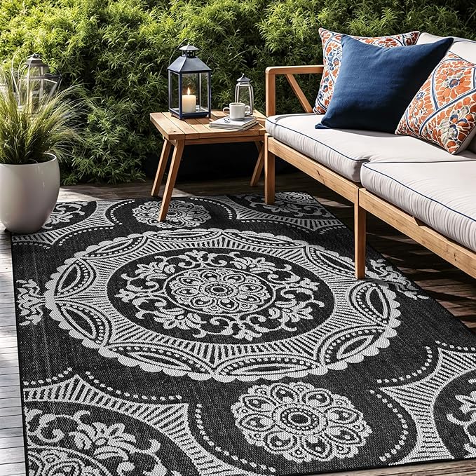 Medallion Outdoor Rug 5x7 Washable Outside Carpet for Indoor Patio Porch Waterproof Easy Cleaning Non Shedding Area Rugs Black 5 x 7