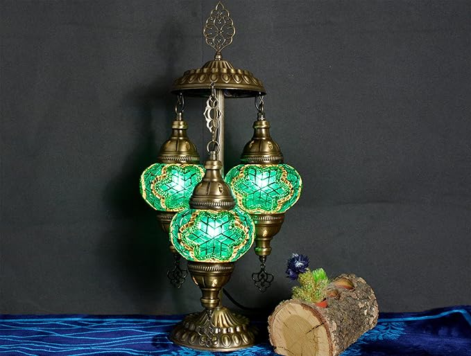 Mozaist Turkish Mosaic Lamp – 3 Globe Tiffany Table Light with Bulb (Turquoise Green)