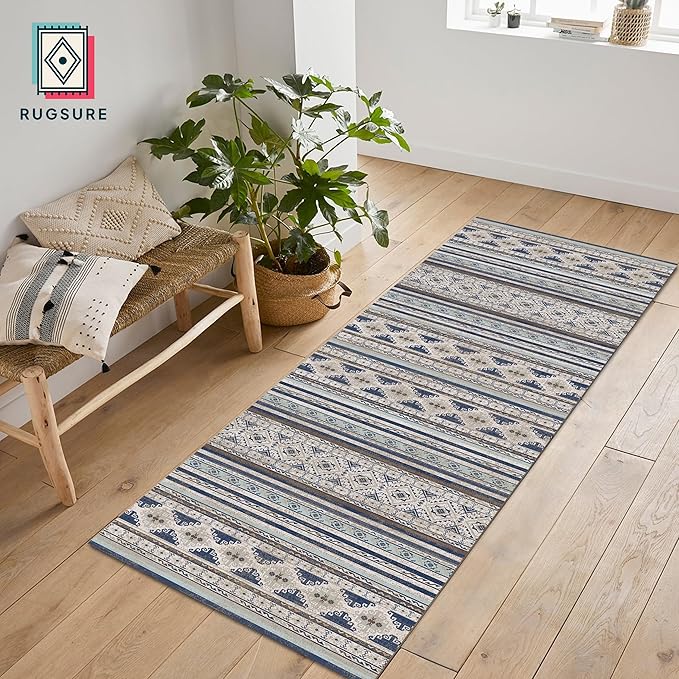 RUGSURE Washable Area Rugs 2'6'' x 8' - 1/6 Thick - Moroccan-Inspired -Stain & Water Resistant Non-Slip - Resistant Rug for Living Room, Bedroom, Nursery, Pet & Child Friendly (Blue and Brown)