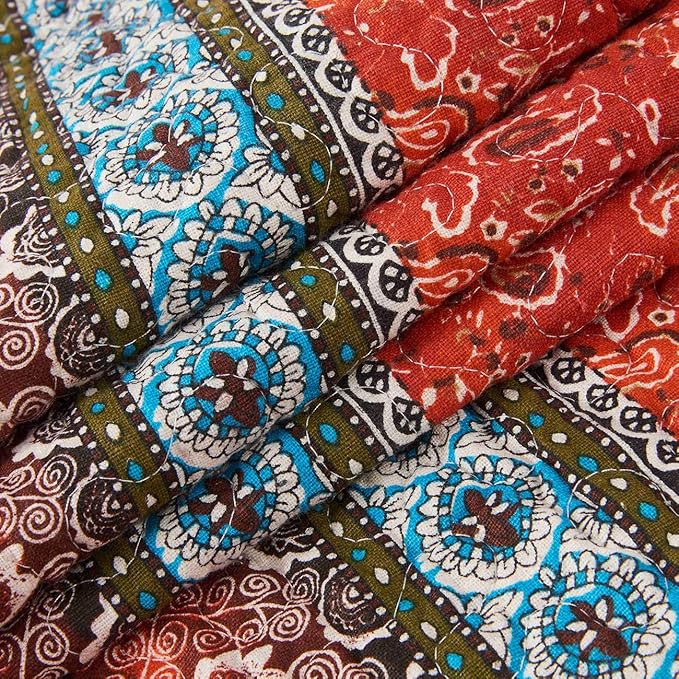 Cozyholy Boho Quilt Full Queen Size 100% Cotton Quilted Blanket Colorful Bohemian Striped Bedspread Coverlet Reversible Lightweight Stitch Vintage Bed Cover Throw Blanket for Couch Sofa Orange