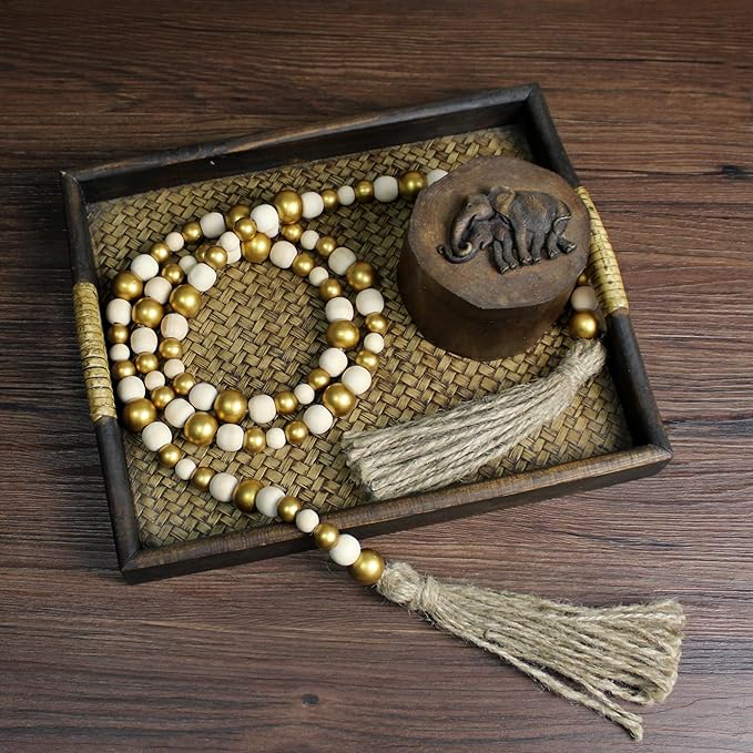 CVHOMEDECO. Wood Beads Garland with Tassels Farmhouse Rustic Wooden Prayer Bead String Wall Hanging Accent for Home Festival Decor. Gold Mix