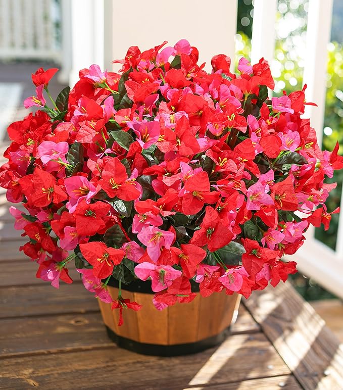Artificial Flowers for Outdoors, 4 Bundles Fake Bougainvillea Flower UV Resistant Silk Flowers for Outside, Outdoor Faux Plants for Planter Patio Porch Window Garden Home Decoration (RedHotpink)
