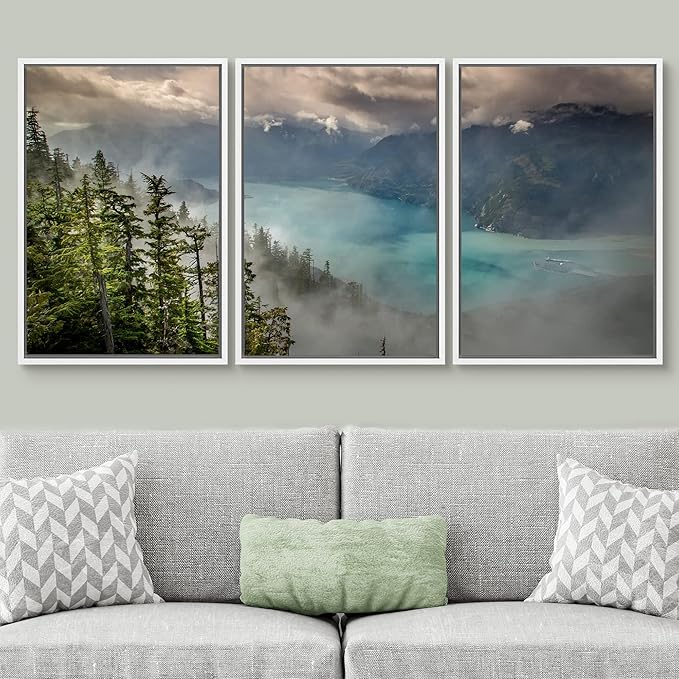 SIGNWIN 3 Piece Framed Canvas Wall Art Foggy Mountains Canvas Prints Home Artwork Decoration for Living Room,Bedroom - 16"x24"x3 White