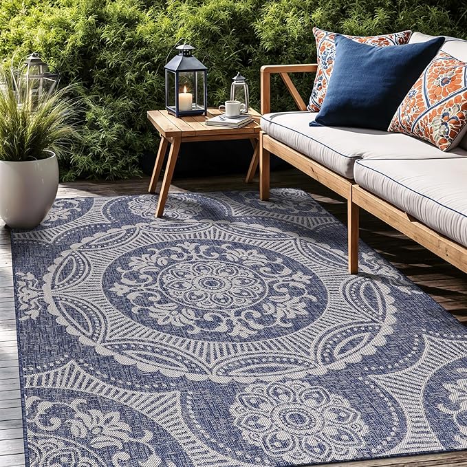 Medallion Outdoor Rug 6x9 Washable Outside Carpet for Indoor Patio Porch Waterproof Easy Cleaning Non Shedding Area Rugs Blue 6 x 9