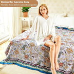 Boho Throw Blanket 80" x 90", 100% Organic Cotton Breathable Ultra Soft Bed Purple Quilt Throw - All Season Luxury Floral Farmhouse Decor Blanket for Sofa Couch Chair and Gift.