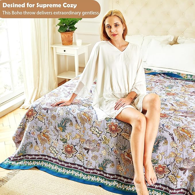 Boho Throw Blanket 91" x 98", 100% Organic Cotton Breathable Ultra Soft Bed Purple Quilt Throw - All Season Luxury Floral Farmhouse Decor Blanket for Sofa Couch Chair and Gift.