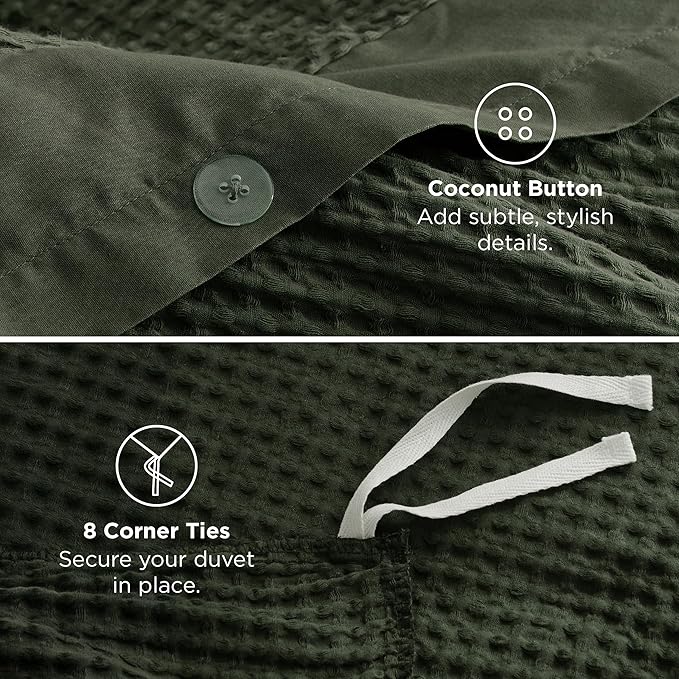 Bedsure Cotton Duvet Cover Queen - 100% Cotton Waffle Weave Olive Green Duvet Cover Queen Size, GentleSoft™ and Breathable Bedding Set for All Season, 3 Pieces, 90"x90"