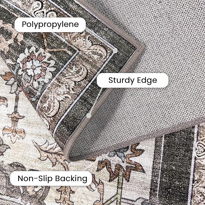 GENIMO 8x10 Area Rugs for Living Room, Machine Washable Non Slip Vintage Rugs, Low Pile Lightweight Chenille Print Rug for Bedroom, Dining Room, Home Office, Slate Gray