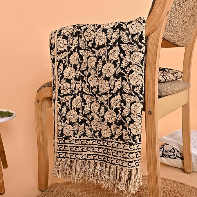 Handmade Cotton Throw Blanket, Floral Block Print, Black and Beige Wrap, 47x71 inches Decorative Woven Throw with Tassels