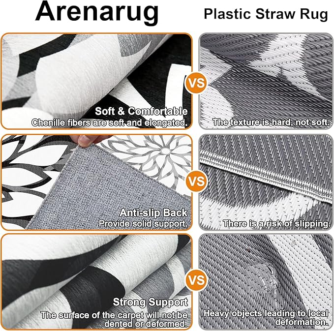 Indoor Outdoor Area Rug Washable Multicolored Rug Tropical Botanical Modern Floral Indoor Outdoor Carpet Black White Rug Non Slip Non Shedding for Patio, Deck, Backyard, Porch (9x12)