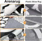 Indoor Outdoor Area Rug Washable Multicolored Rug Tropical Botanical Modern Floral Indoor Outdoor Carpet Black White Rug Non Slip Non Shedding for Patio, Deck, Backyard, Porch (5x8)