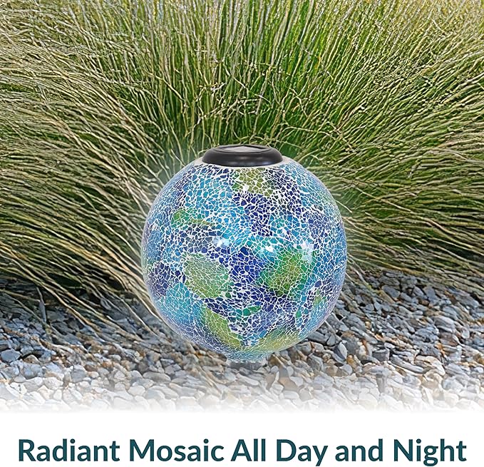Sunnydaze Azul Terra 10" Crackled Glass Garden Gazing Globe with LED Solar Light - Set of 2