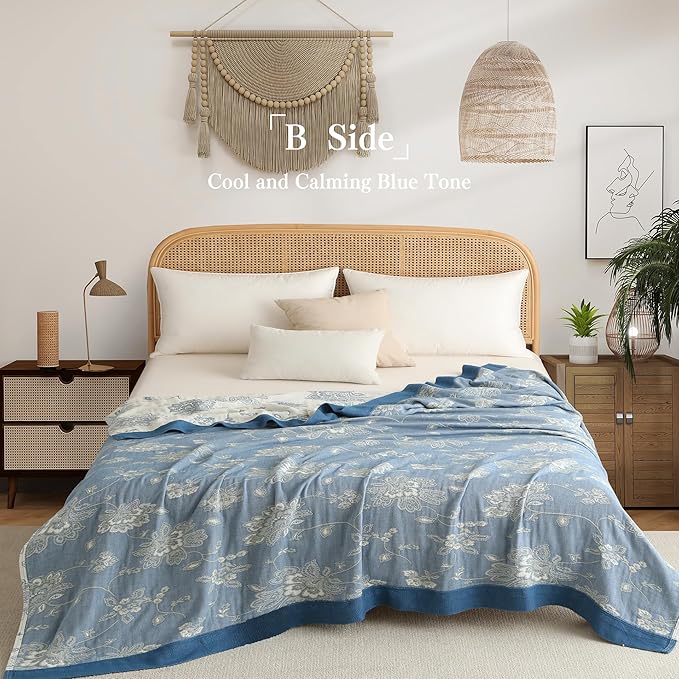 Boho Throw Blanket Twin Size, Soft Cozy Cotton Muslin Quilt Blanket for Bed Decor, Floral Patterned Couch Sofa Chair Cover, Vintage Farmhouse Cottage Tapestry Woven Blanket, Blue and White