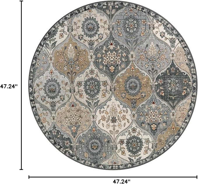 Lahome Moroccan Trellis Washable Round Rugs, Non-Slip Soft Round Rug 4ft Ultra-Thin, Small Vintage Circle Carpet for Entryway Kitchen Bedroom Nursery Bathroom, Grey