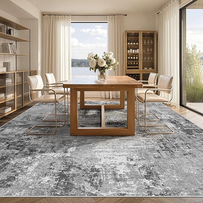 Tortania Washable 6x9 Area Rug for Living Room: Modern Abstract Neutral Large Soft Thin Rugs - Non Slip Indoor Carpet for Bedroom Dining Room Office Nursery Home Floor Decoration - Grey