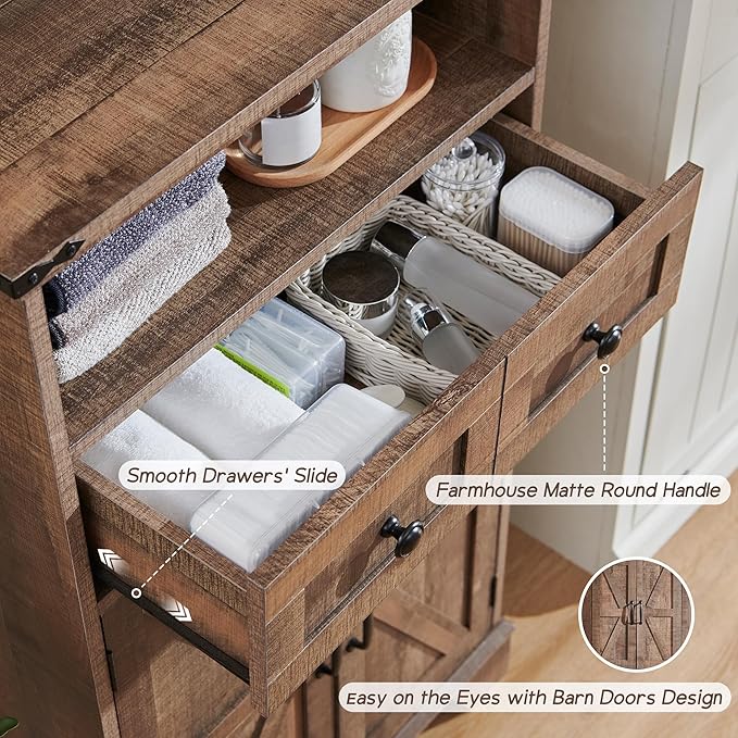 Bathroom Floor Cabinet, Farmhouse 24" Wide Cabinet with Drawer, Adjustable Shelf, Barn Doors, Cabinets for Bathroom, Kitchen, Living Room, Rustic Brown