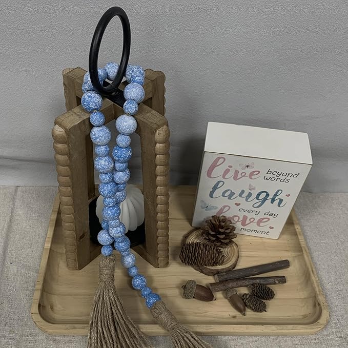 Handcrafted Farmhouse Wooden Decorative Beads Garland, Table Tray Boho Wood Beads with Tassel, Small Rustic Antique Decor for Home and Events (32" Rustic Light Blue)