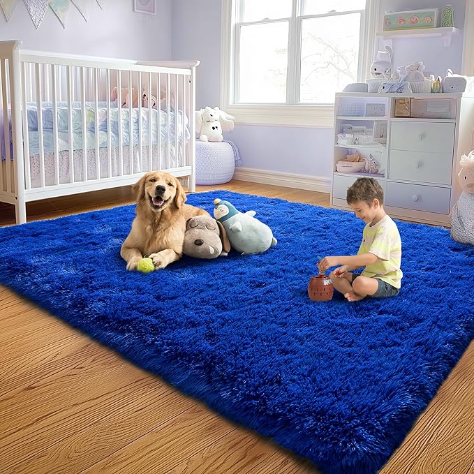 Soft Plush Shag Rug 5x7, Ultra Fluffy Rug for Living Room Bedroom, Non-Slip Fuzzy Large Area Rug for Living Room, Carpet for Girl Boy Kids, Modern Indoor Home Decor Aesthetic, Bright Blue
