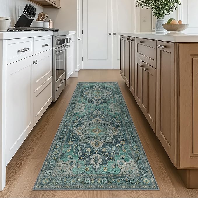 GENIMO 2x6 Runner Rugs for Hallway, Machine Washable Non Slip Vintage Rugs, Low Pile Lightweight Soft Print Rug for Enrtyway, Corridor, Home Office, Kitchen, Dark Green