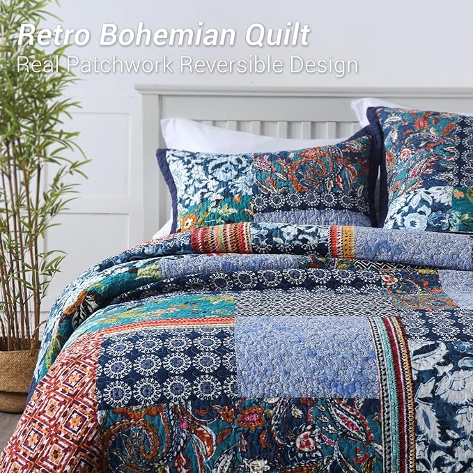 Yvooxny Queen Quilt Set Reversible Lightweight Bohemian Paisley Patchwork Cotton Quilted Bedspread Coverlet Set 3-Piece Bedding Set with Shams for All Seasons, Queen Size, 98 * 90 Inches
