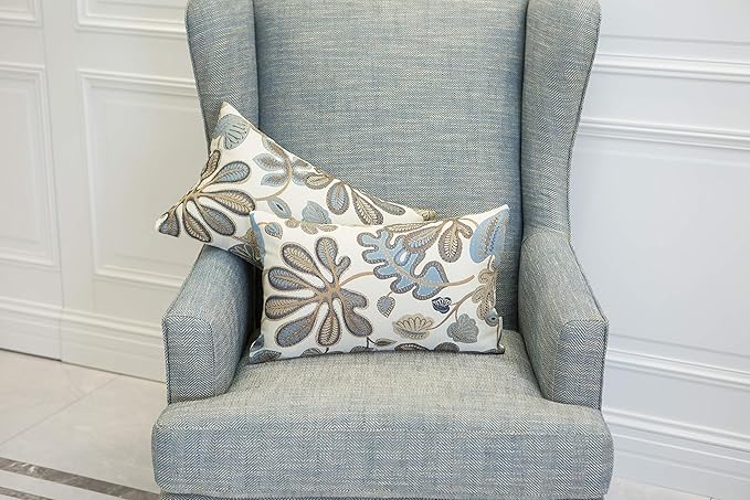 Mika Home Set of 2 Jacquard Tropical Leaf Pattern Oblong Throw Pillow Covers Accent Pillowcase 12X20 Inches,Blue Cream