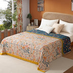 Boho Throw Blanket Twin Size, Soft Cozy Cotton Muslin Quilt Blanket for Bed Decor, Floral Patterned Couch Sofa Chair Cover, Vintage Farmhouse Cottage Tapestry Woven Blanket, Yellow&Blue