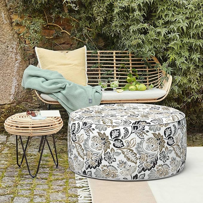 LVTXIII Outdoor Inflatable Ottoman, Fade-Resistant Round Footrest Stool D31”x H14”, Portable Patio Pouf for Garden Camping or Home Use, Dailey Tan