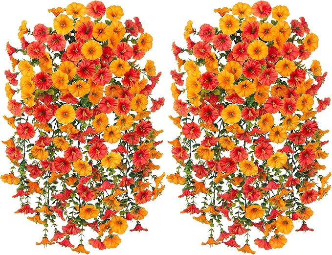 Ivydale 2 PCS Artificial Hanging Flowers Fake Plants Outdoor,Silk Morning Glory Faux Flowers with Eucalyptus Leaves,UV Resistant Realistic Hanging Plants for Home Garden Decor (Yellow+Orange)