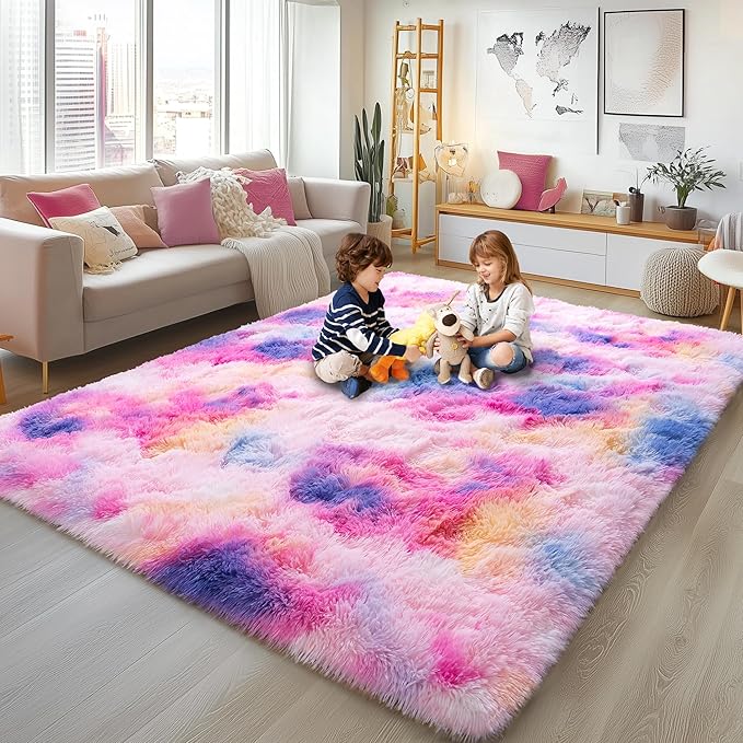 9x12 Large Area Rugs for Living Room, Ultra Fluffy Plush Rug for Living Room Bedroom, Thick Fluffy Carpet for Girls Boys Kids Room, Non Slip Dorm Rug for Home Decor Aesthetic, Dark Rainbow