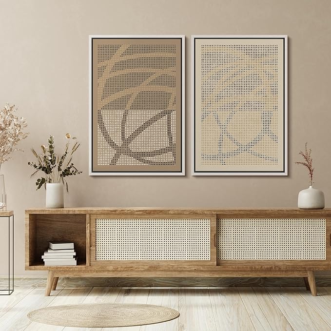 SIGNFORD Framed Canvas Print Wall Art Set Geometric Dot Patterns Earthy Beige and Brown Contrast Illustration Modern Art Decorative Nordic Nature for Living Room, Bedroom, Office - 24"x36"x2 White