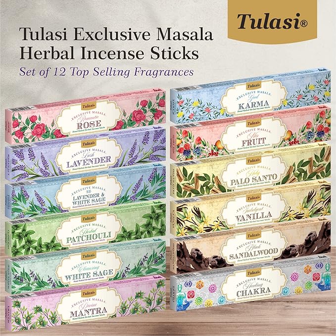 Tulasi Incense Sticks Set of 12 Scents (180 Sticks) Variety Natural Fragrances - Lavender, White Sage, Patchouli, Rose, Chakra, Mantra, Sandalwood, Palo Santo, Fruit for Meditation & Positive Vibes