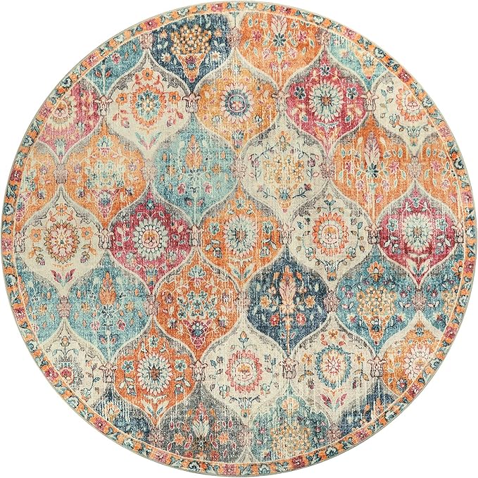 Lahome Moroccan Trellis Washable Round Area Rug, Round Rug 5ft Soft Non-Slip, Non-Shedding Distressed Circle Carpet for Bedroom Living Room Bathroom Nursery Kitchen, Cream/Multi